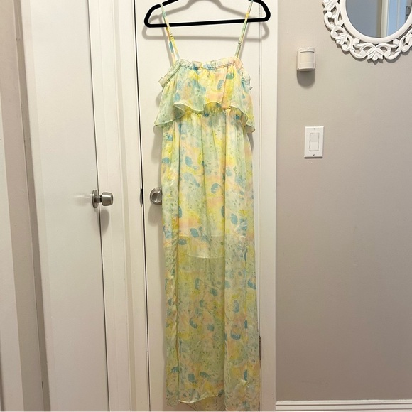 NEW Ladakh Watercolor Chiffon Sleeveless Maxi Dress 6 sundress flowy yellow blue - Picture 4 of 10